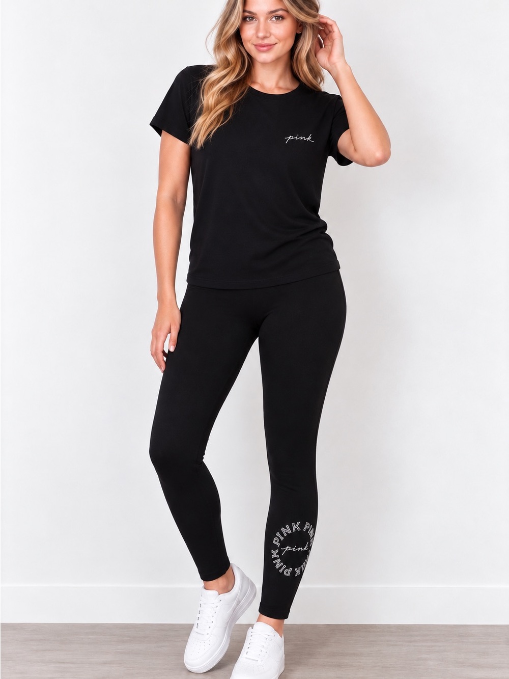 PINK Victoria's Secret Black Logo Tee and Leggings Set L